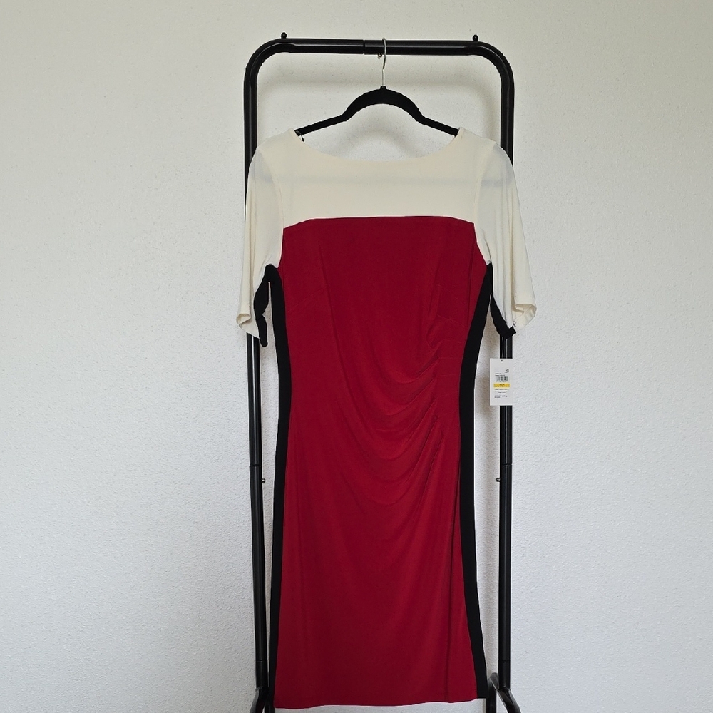 Kasper Red, Cream & Black Colorblock Midi Dress